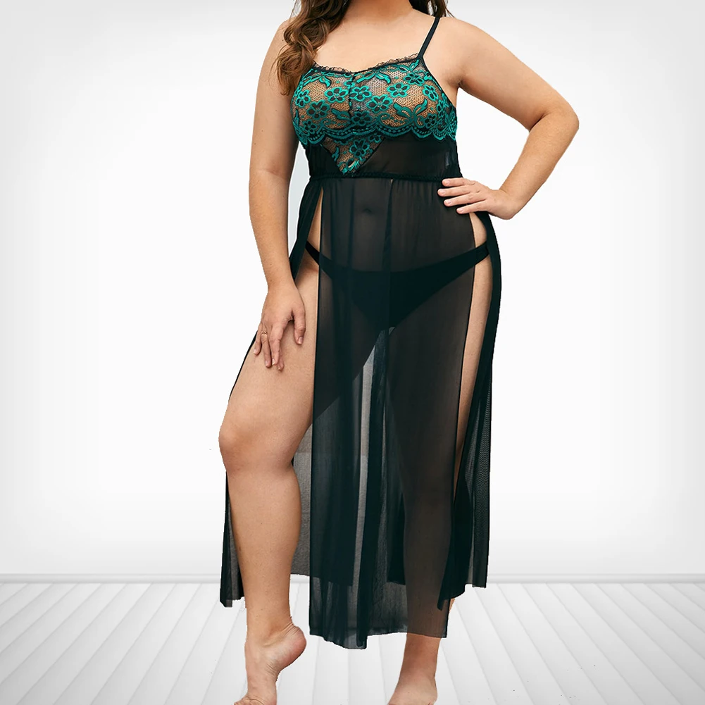 

Plus Size Women Sexy Lingerie Slit Dress Nightwear Sleepwear Mesh See Through Suspenders Underwear Nightdress
