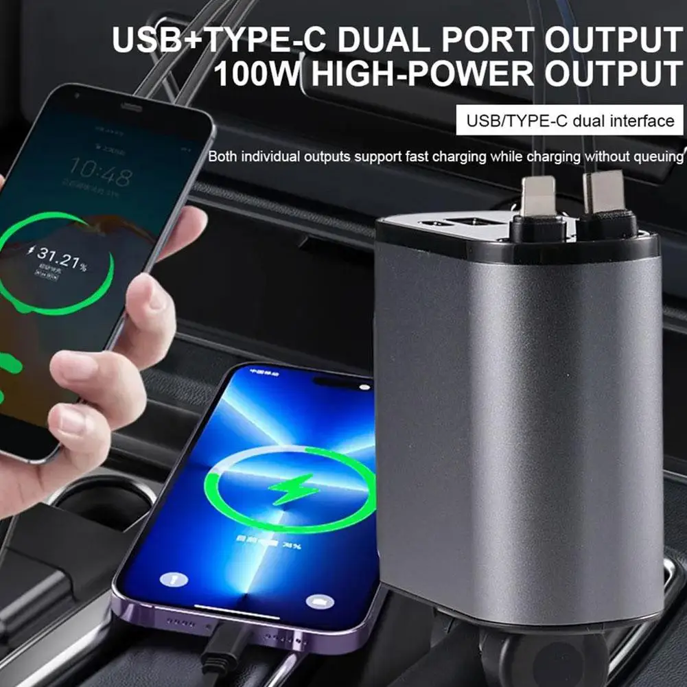 

4 IN 1 Car Charger Retractable 100W Super Fast Charging USB Type C Adapter Cable Car Cigarette Lighter For IPhone