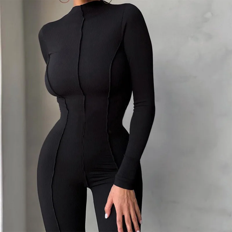 2022 Autumn and Winter New Women's Fashion High-neck Tight-fitting High-waist Casual Solid Color Sports Jumpsuit Women