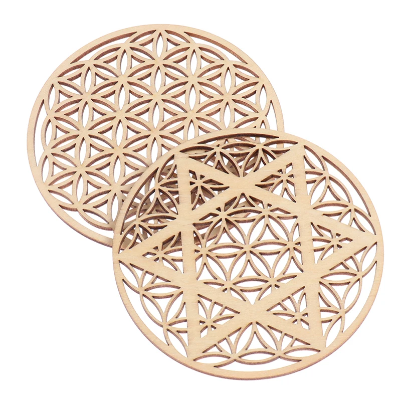

1/10pscCreative Chakra Chakra Pattern Coaster Wood Flower Of Life Natural Symbol Round Edge Coaster For Stone Crystal Set Diy