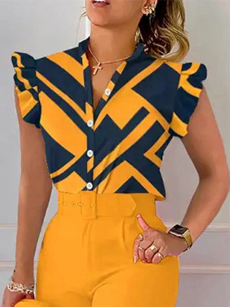 

Two Piece Sets Women Office Outfits Flower Printed Half Open Collar Button Up Shirts Straight Trouser Elegant Fashion Pant Sets