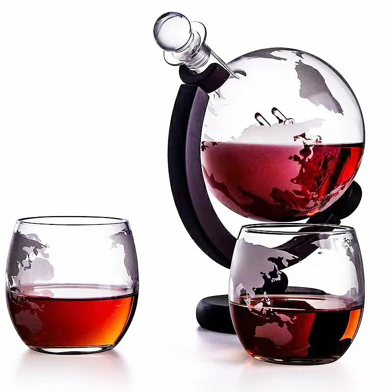 

Whiskey Decanter Globe Wine Aerator Glass Set Sailboat Skull Inside Crystal with Fine Wood Stand Liquor Decanter for Vodka Cup