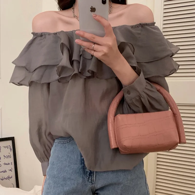 

Female Blouses Cute Slash Neck Tops Solid All Match Chic High Street 2022 Summer New Fashion Loose Sweet Lady Sexy Blouses