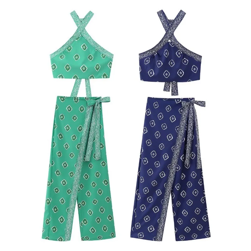 

2023 New Women Pants Set Fashion Hanging Neck Collar Sleeveless Slim Fit Open Back Top Vacation Leisure Wide Leg Pants