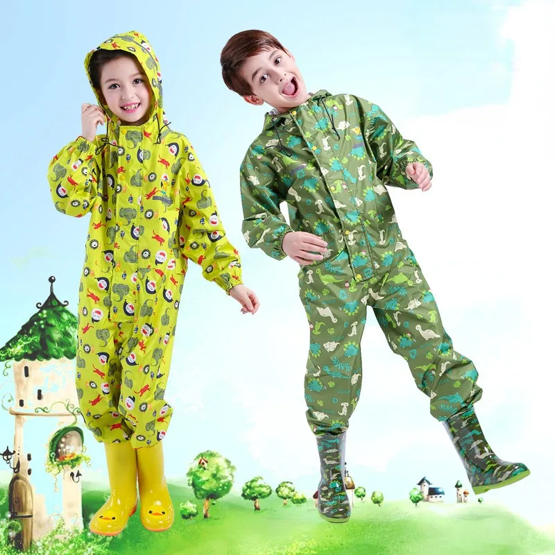 

New European and American Children One Piece Raincoat Set Cartoon Thickened Reflective Stripe Anti Dirt Coat One Piece Long