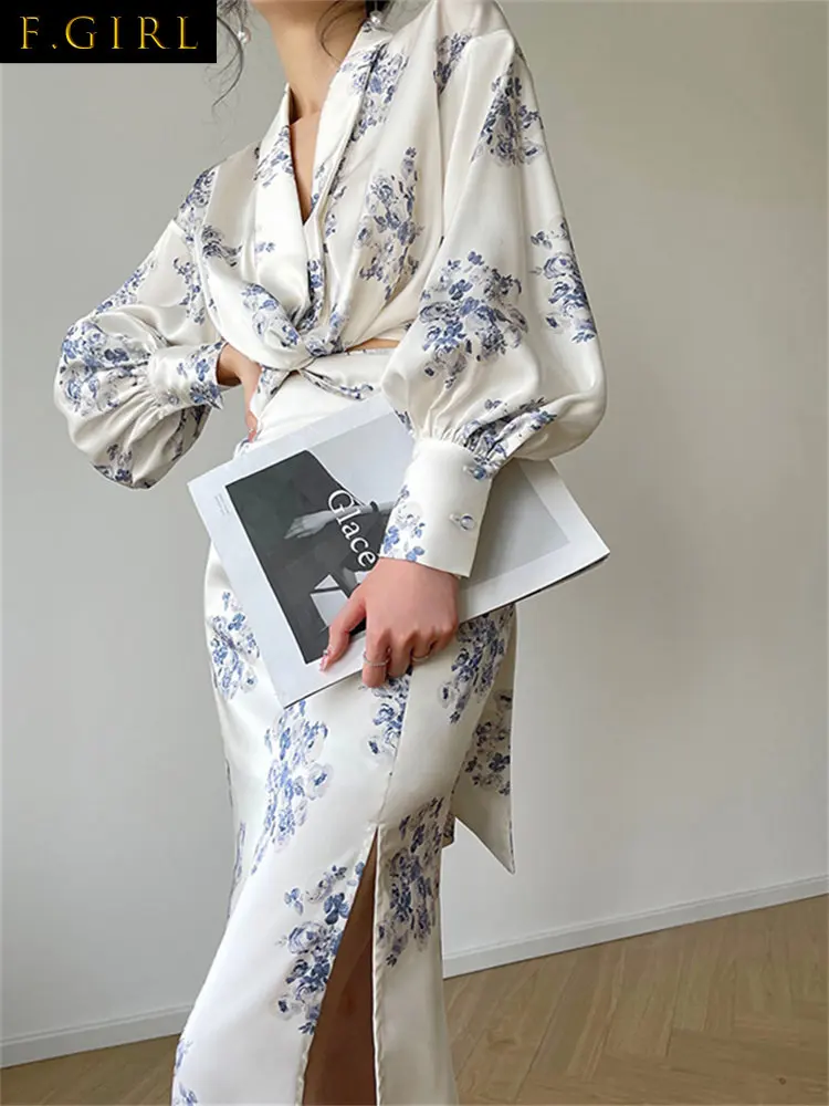 

A GIRLS Two Piece Sets Womens Outifits 2023 New Vintage Print V Neck Long Sleeve Tops Elegant Elastic Waist Split Skirt Sets
