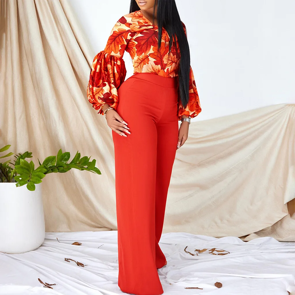 

Women Summer Elegant Long Sleeve 2 Piece Flower Print V-Neck Lace-Up Patchwork Puff Sleeve Top Solid Wide Leg Pants Set Women