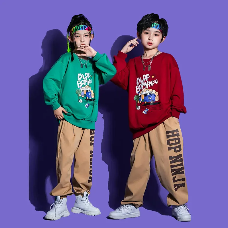 Kid Hip Hop Clothing Print Sweatshirt Top Khaki Casual Street Jogger Pants for Girl Boy Jazz Dance Costume Clothes Outfits Set