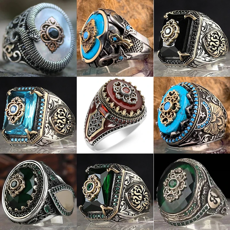 

Hot Sale Men's Antique Silver Color Green Crystal Finger Ring Engraving Geometric Irregular Pattern for Men Male Party Jewelry