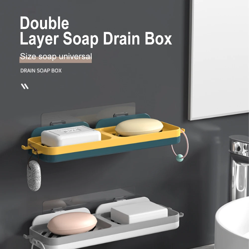 

Double Lattice No Drilling Wall Mounted Plastic Soap Dishes Bar Moisture-proof Soap Holder Shelf for Shower Bathroom