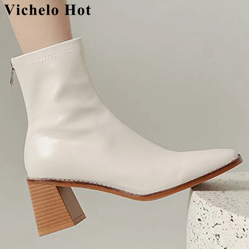 

Vichelo Hot New Sheep Leather Square Toe Thick High Heels Modern Boots French Romantic Cocise Literature Zip Women Ankle Boots