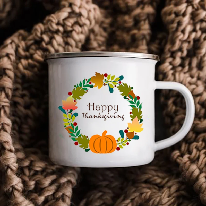 

Retro Enamel Mug Thanksgiving Party Wine Juice Cups Farmhouse Decor Thank Gifts Pumpkin Wreath Print Mugs Camping Mug Coffee Cup