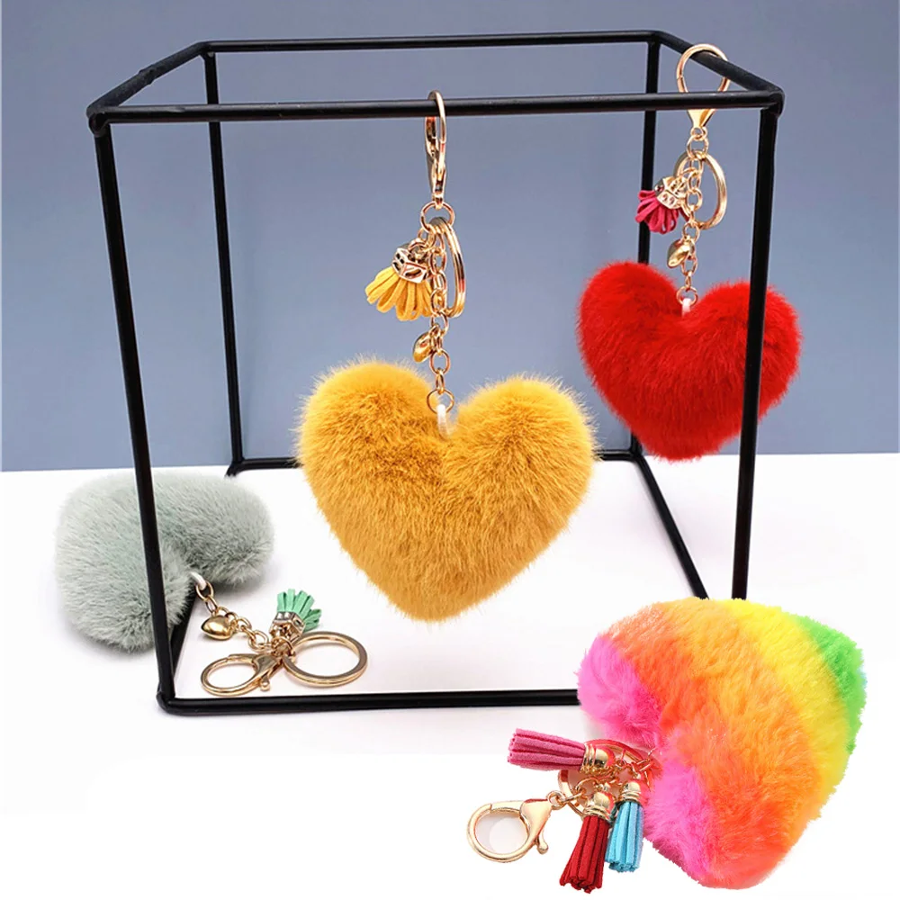 

Furry Keychain Fashion Plush Love Heart Pendant Key Chains With Tassel Winter Bag Ornaments Accessories Car Keyring Charms Gifts