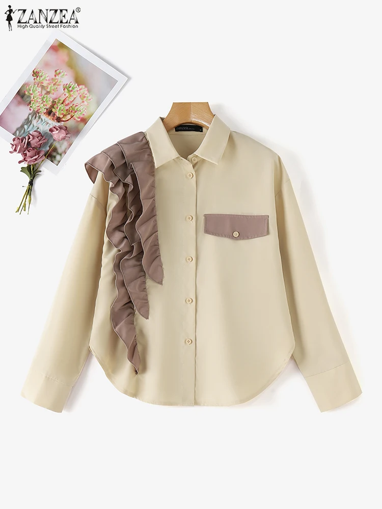 ZANZEA винтажные простые топы с оборками и строчкой повседневные длинными рукавами