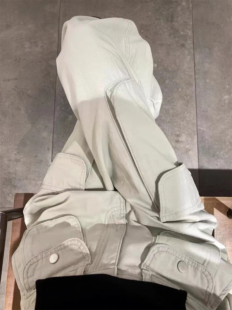 

Однотонные женские брюки с множеством карманов, женские прямые брюки с завышенной талией, повседневные брюки из денима с широкими штанинами в стиле Харадзюку