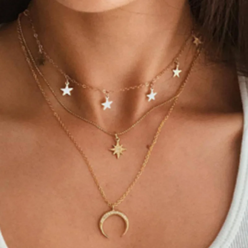 

2022 New Vintage Multilayer Crystal Pendant Necklace Women Gold Color Moon Star Horn Crescent Choker Necklaces Jewelry Gift