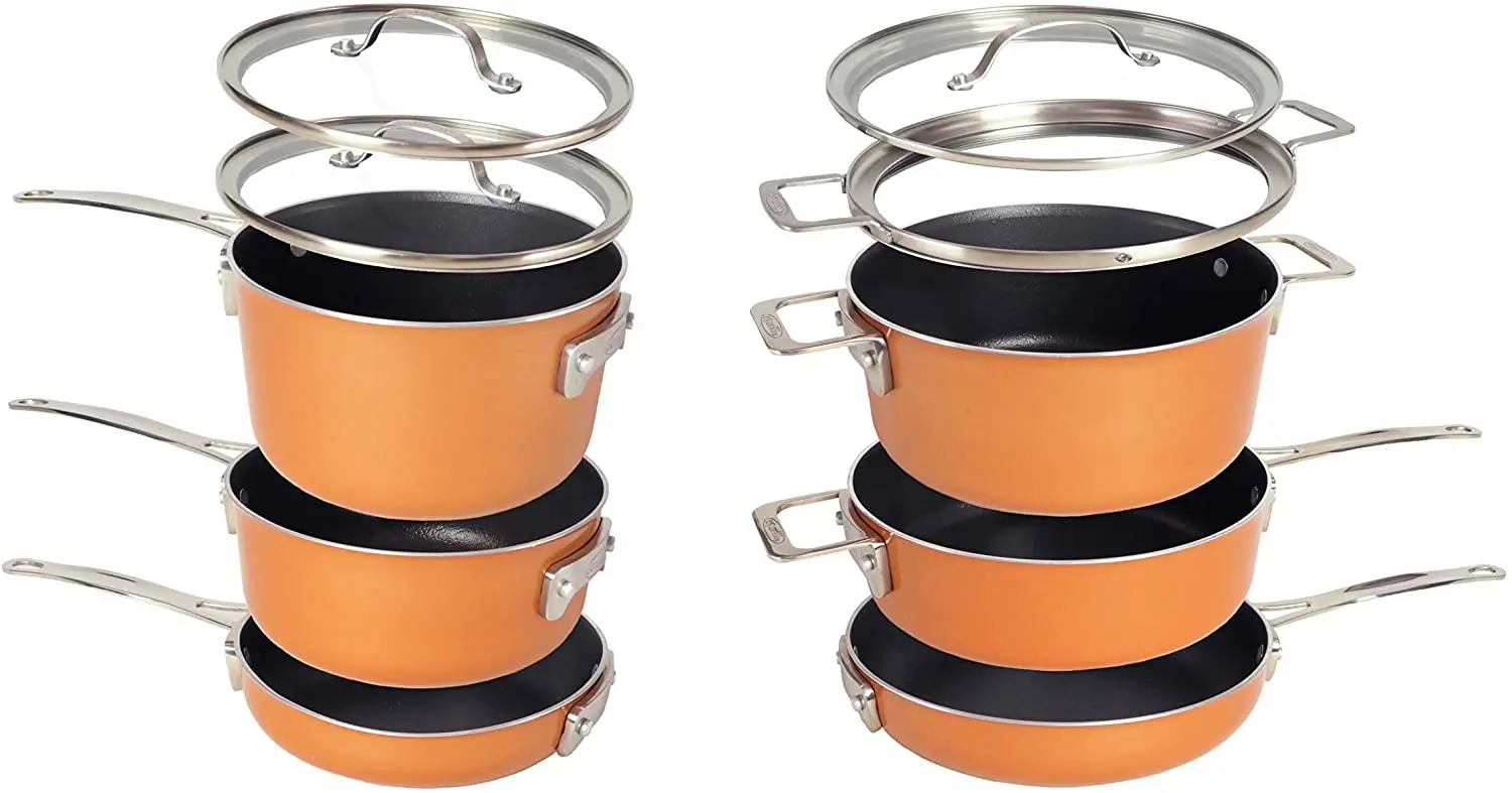 

Stackable Non-stick 5 Piece Copper Cast Stackable Pots & Pans Set, Gold Noodles Mike Egg Soup Cooking Steel Stainless Stew Stock