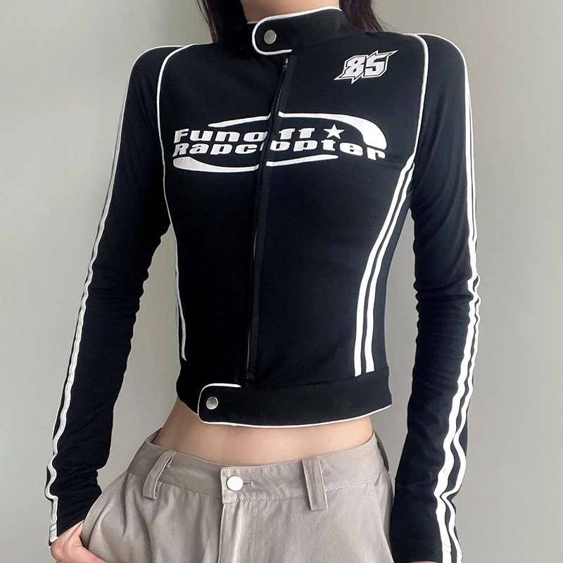 

Осенняя футболка, куртка на молнии с буквенным принтом, повседневный мотоциклетный и Байкерский стиль, Harajuku, полосатый Простроченный Топ для фитнеса, женская верхняя одежда 2023