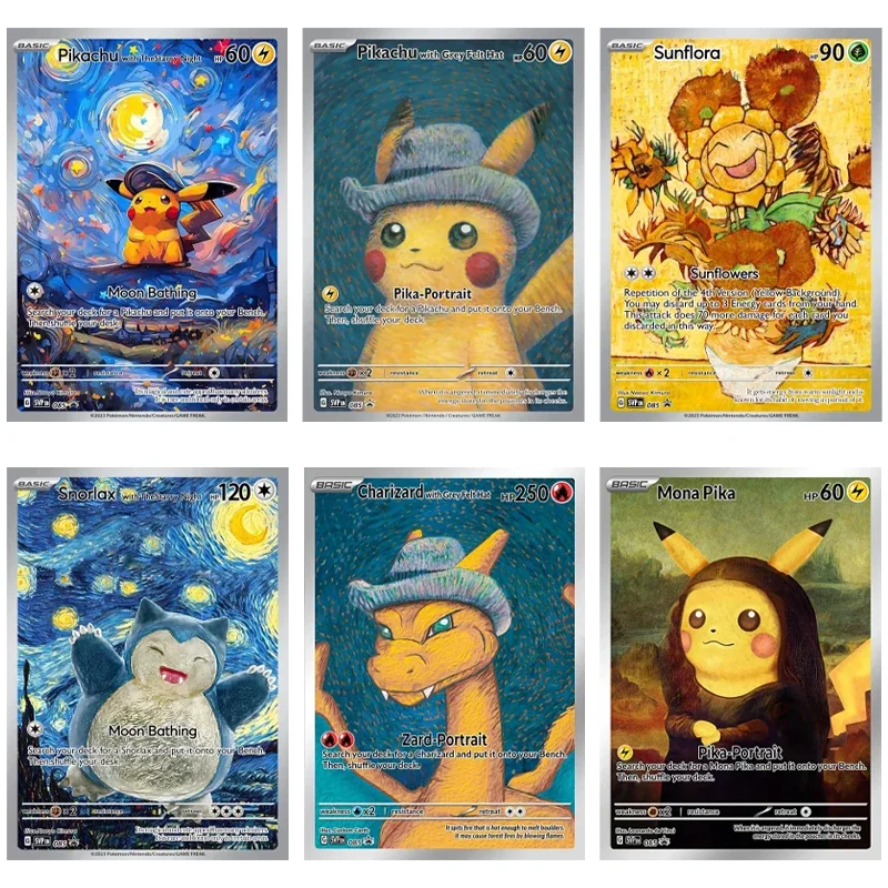 

Van Gogh Museum Pokemon Card Diy Pikachu Charizard with Grey Felt Hat Eevee Mona Pika Collection Cards Game Anime Cards Gift Toy