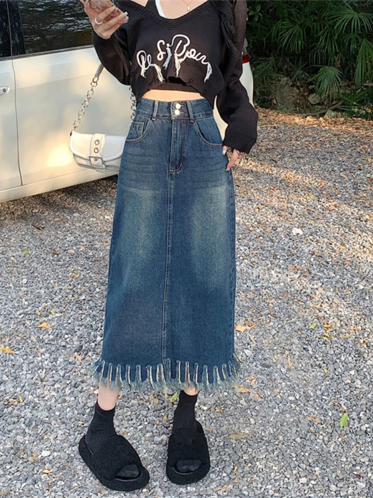 

Vintage Fashion Skirts Tassel Pockets Forked High Waist Zipper Women Clothing Spring Autumn Female Slim Elegant Jean Long Skirt