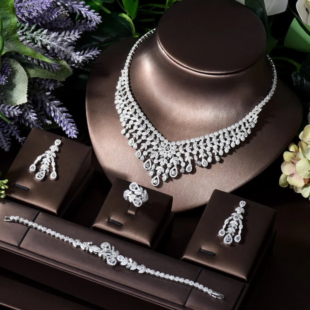 

HIBRIDE Vintage Classic Bride Women Necklace Earring Ring and Bracelet 4PCS Set Leaf Shape CZ Jewelry Set Formal Occasion N-260