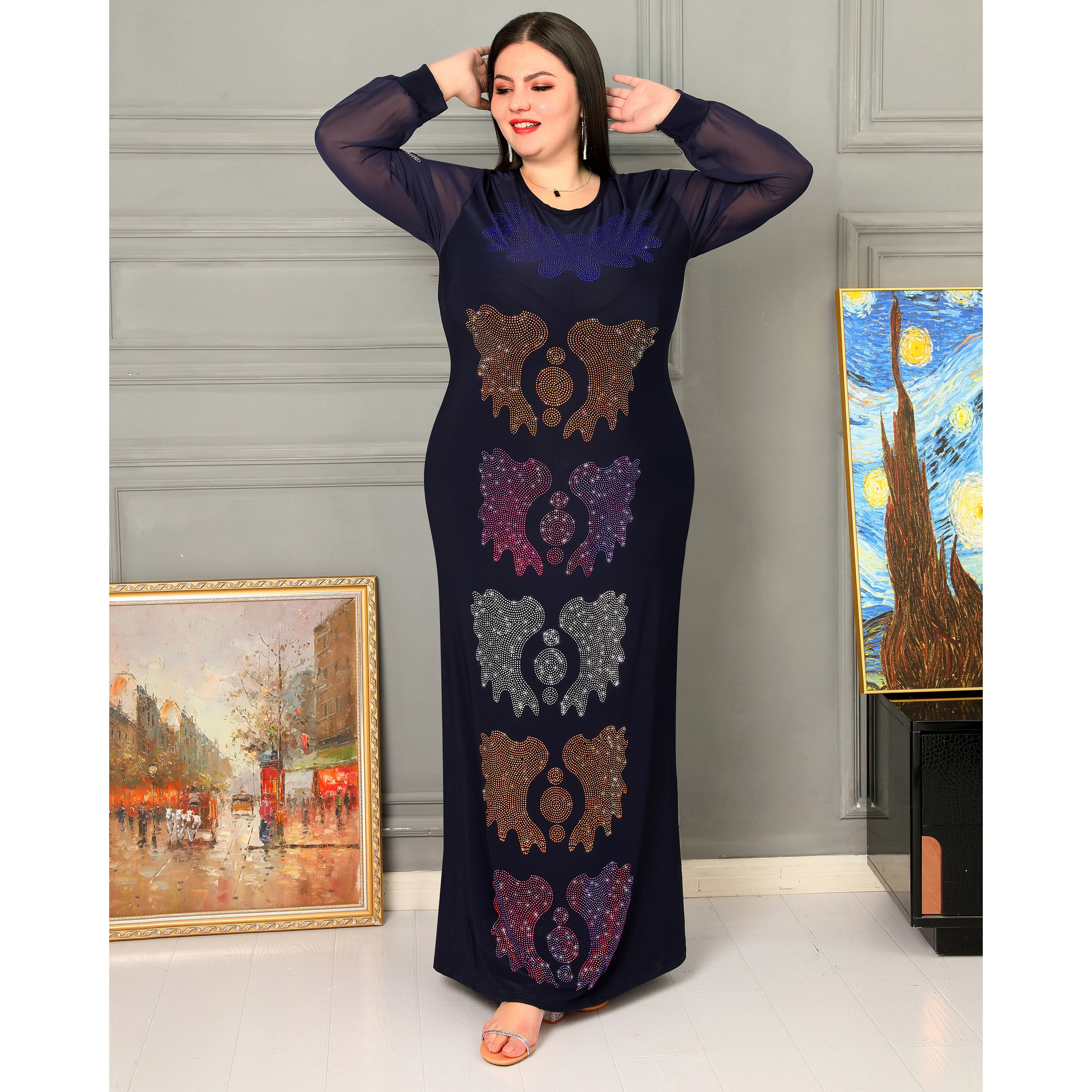 

LIZHILIZHI Muslim Dress Women Dubai Abaya Exquisite Butterfly Pattern Chiffon Long Sleeve Party Birthday Evening Wedding