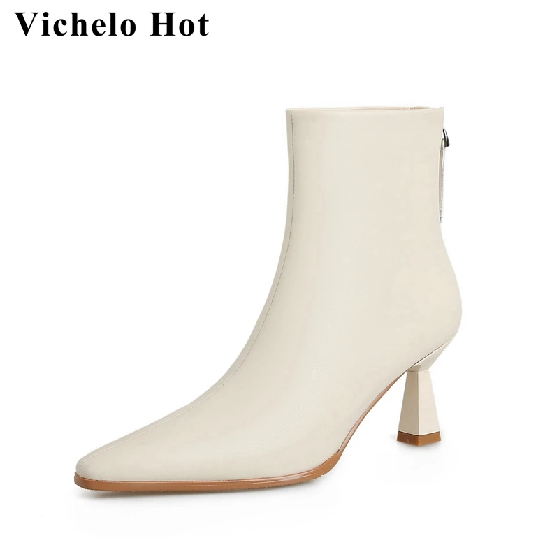 

Vichelo Hot Cow Split Leather Pointed Toe High Heels Chelsea Boots Strange Style Office Lady Literature Mature Zip Ankle Boots