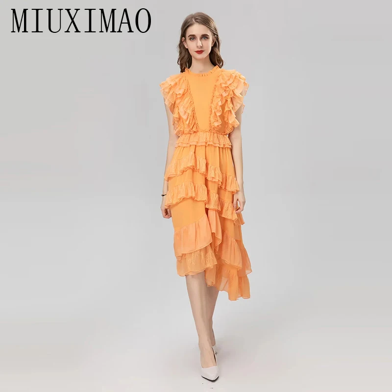 MIUXIMAO 2023 High Quality Spring Summer Elegant Dress Sleeveless O-Neck Lace Layered Fashion Asymmetry Dress Women Vestide
