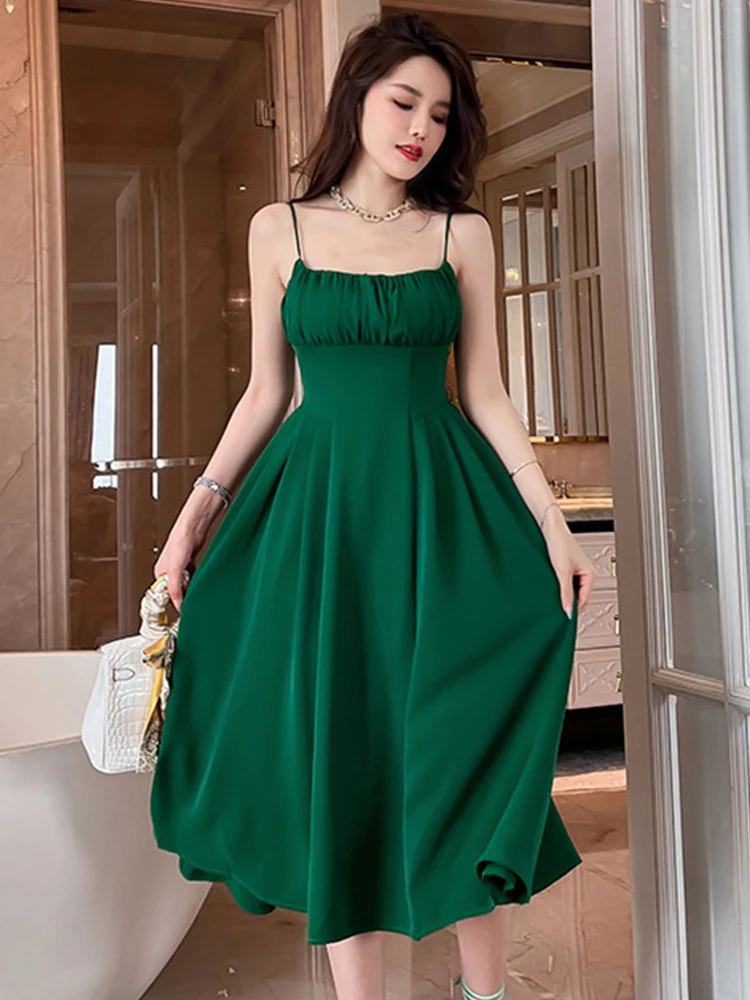 

Korean Elegant Women Evening Dress Chic Vintage Sexy Strap Backless Corset Midi Party Beach Prom Robe Femme Mujer Vestido Fiesta