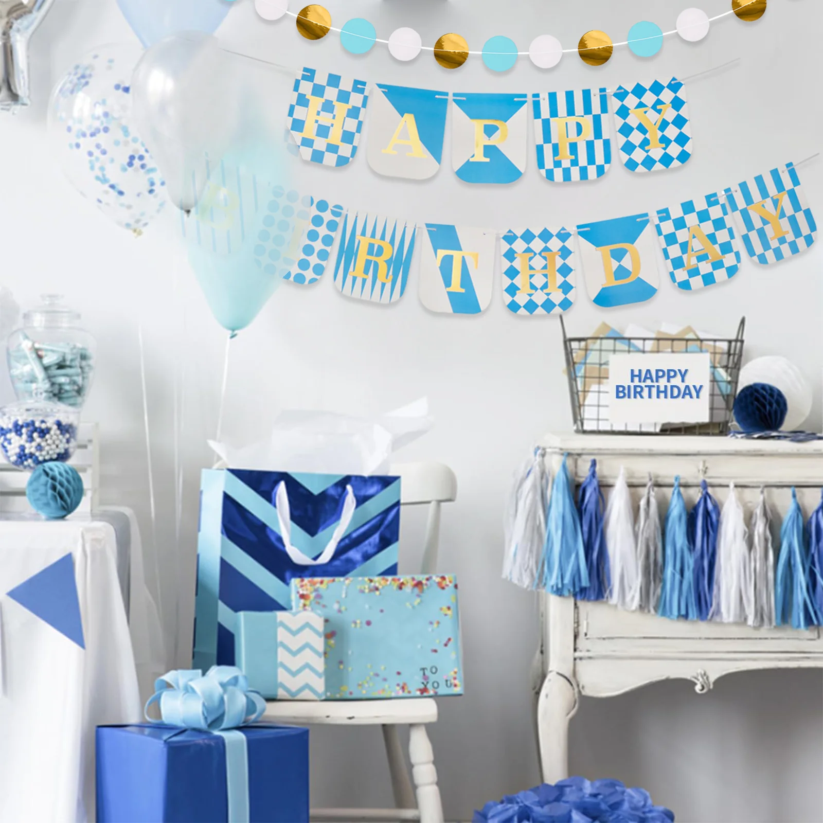 

Baby Shower Supplies Blue 3psc Birthday Banner Ball String Happy Birthday Party Decor Kids Hanging Flag Pulling Flower