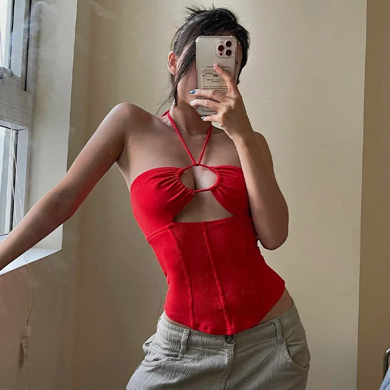 

Женская одежда, Новинка лета 2023, пикантный однотонный топ с воротником-стойкой и шнуровкой на груди