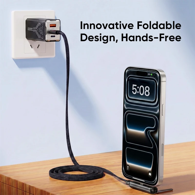 Фото KUULAA 240W 2 в 1 USB C на USB C кабель для быстрой зарядки с складной подставкой, держатель для настольного использования, зарядный провод для iPhone 17 16 №3