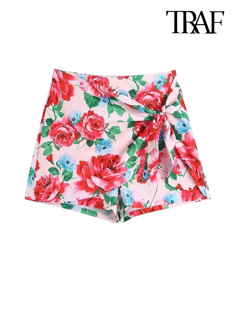 

TRAF Women Fashion With Tied Bow Floral Print Shorts Skirts Vintage High Waist Side Zipper Female Skort Mujer