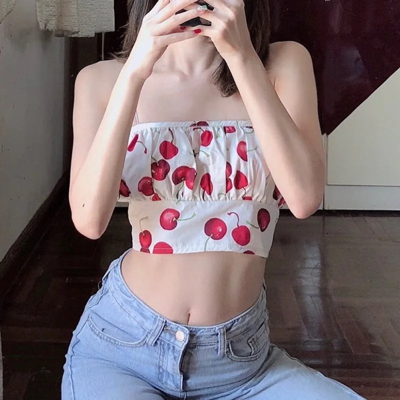 

Sexy Cherry Print Spaghetti Straps White Camis French Style Basic Sweet Draped Slash Neck Bottoming New Summer Clothes for Women