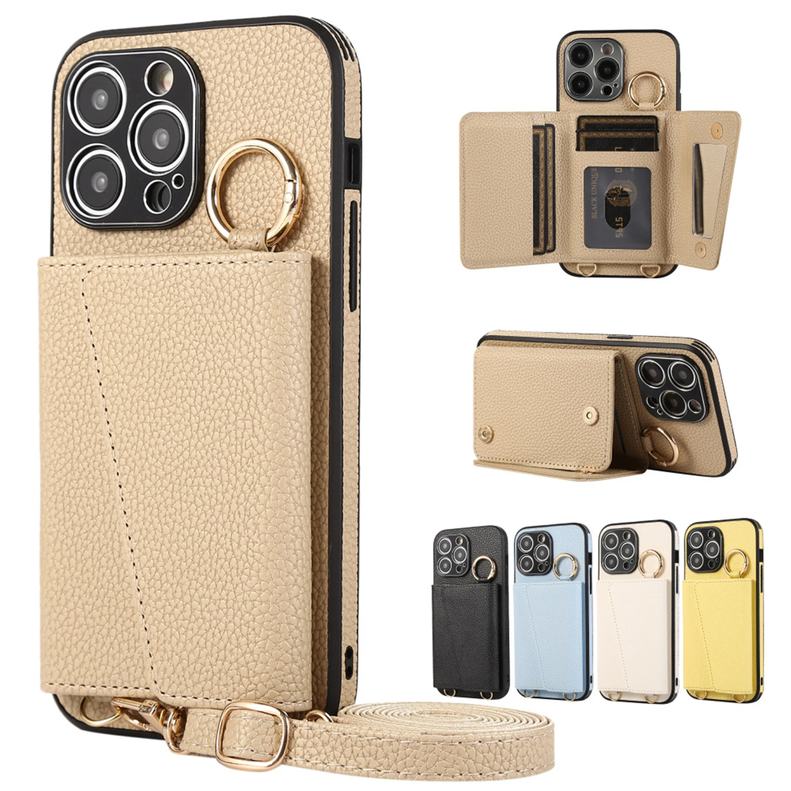 Кожаный чехол-кошелек с ремешком на плечо для iPhone 16 Pro Max 13 11 12 14 15 Plus