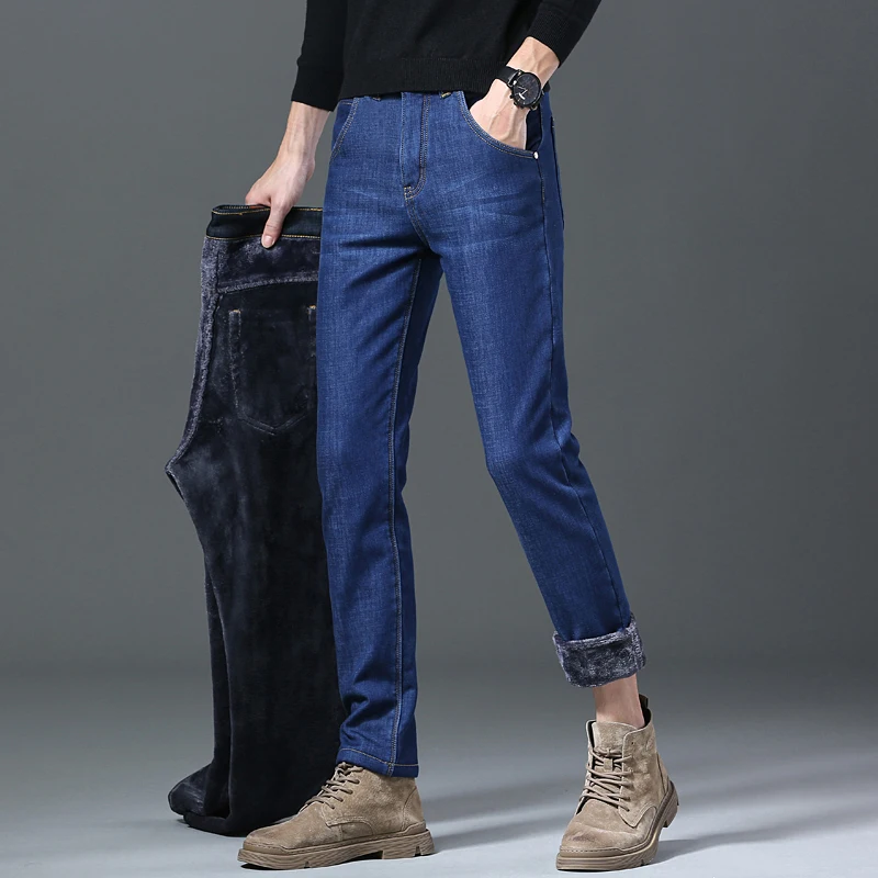 Winter New Jeans With Velvet Men Classic Blue Slim Stretch Cotton Thickened Solid Color Pants Snow Weather Warm Denim Pants 2022