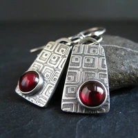 ethnic round red zircon hook earrings tribal jewelry silver color metal engraved vintage square pattern dangle earrings