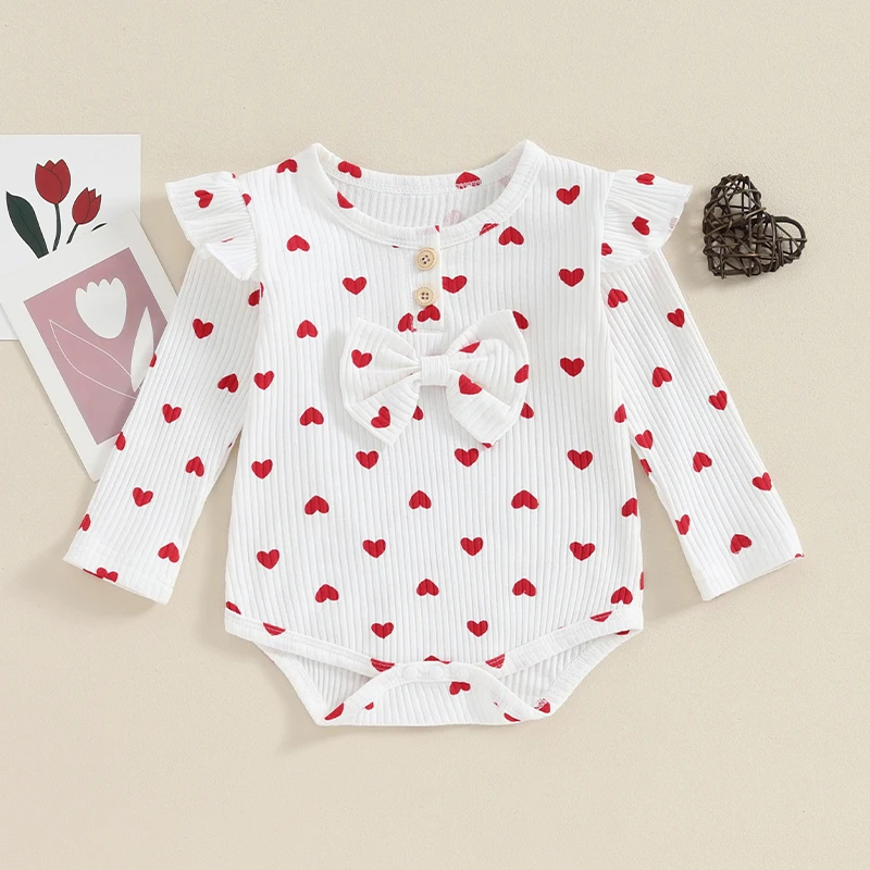 

Baby Girls Ruffle Romper Long Sleeve Crewneck Heart Print Casual Ribbed Sweatershirt Casual Cute Valentine s Day