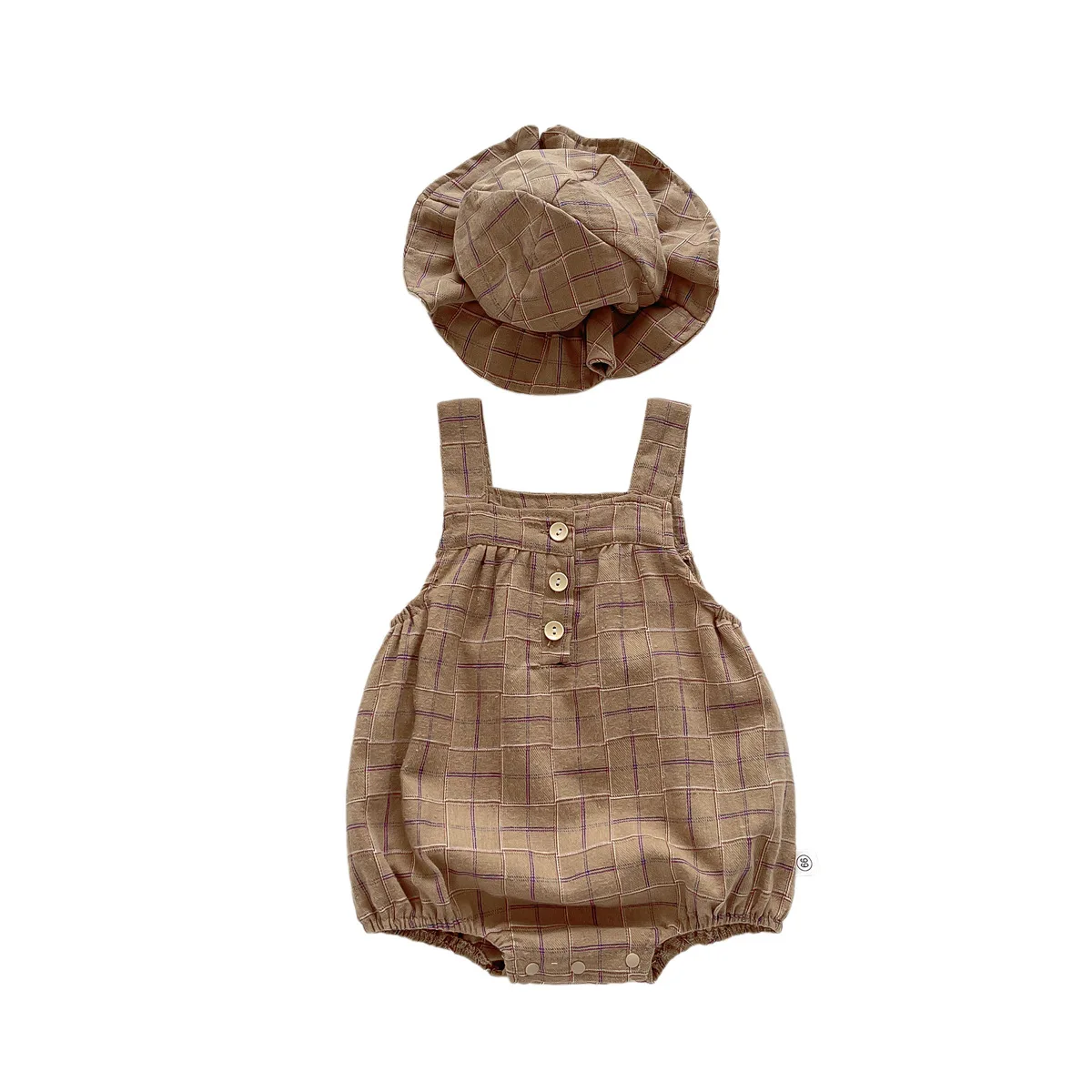 2023 Summer Collection: Sling Plaid Cotton Bodysuits+Fisherman Hat Set for Infant Newborn Girls Boys - Babay Comfy Outdoor Wear images - 6