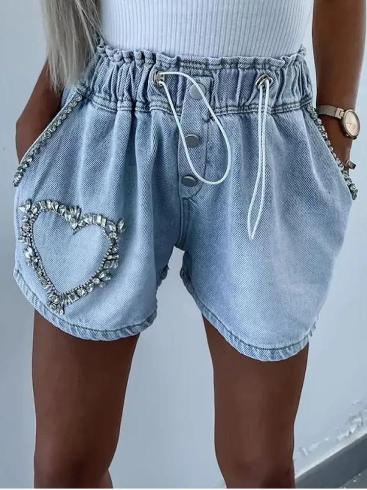Y2K Summer Women Vintage Streetwear Korean Denim Shorts High Waist Wide Leg A-Line Baggy Rhinestone Short Pants Harajuku Clothes