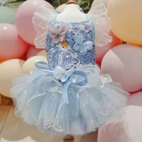 handmade dog clothes pet dress light blue lace outfit embroidery butterfly flutter sleeves princess tutu spring sunny holiday