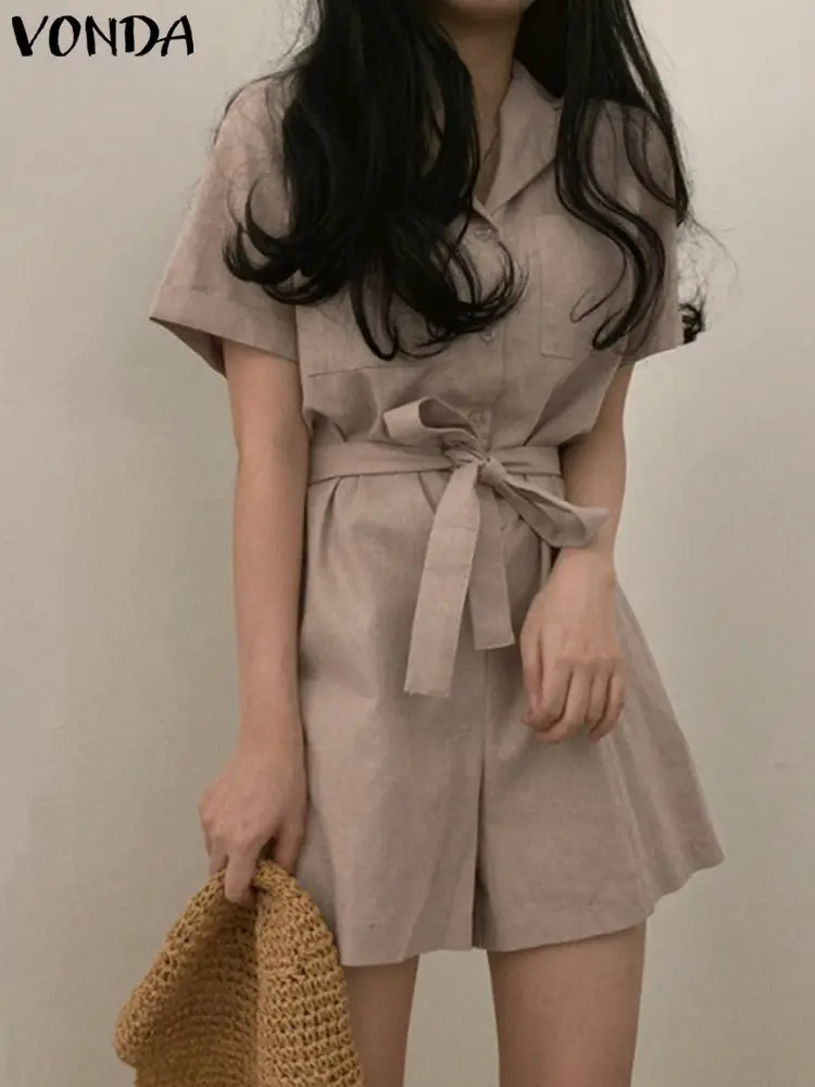 

VONDA Women Short Romper Loose Street Pocket Playsuits Wide Leg Short Sleeve Button Overalls Short Pantalon Jumpsuits Oversized