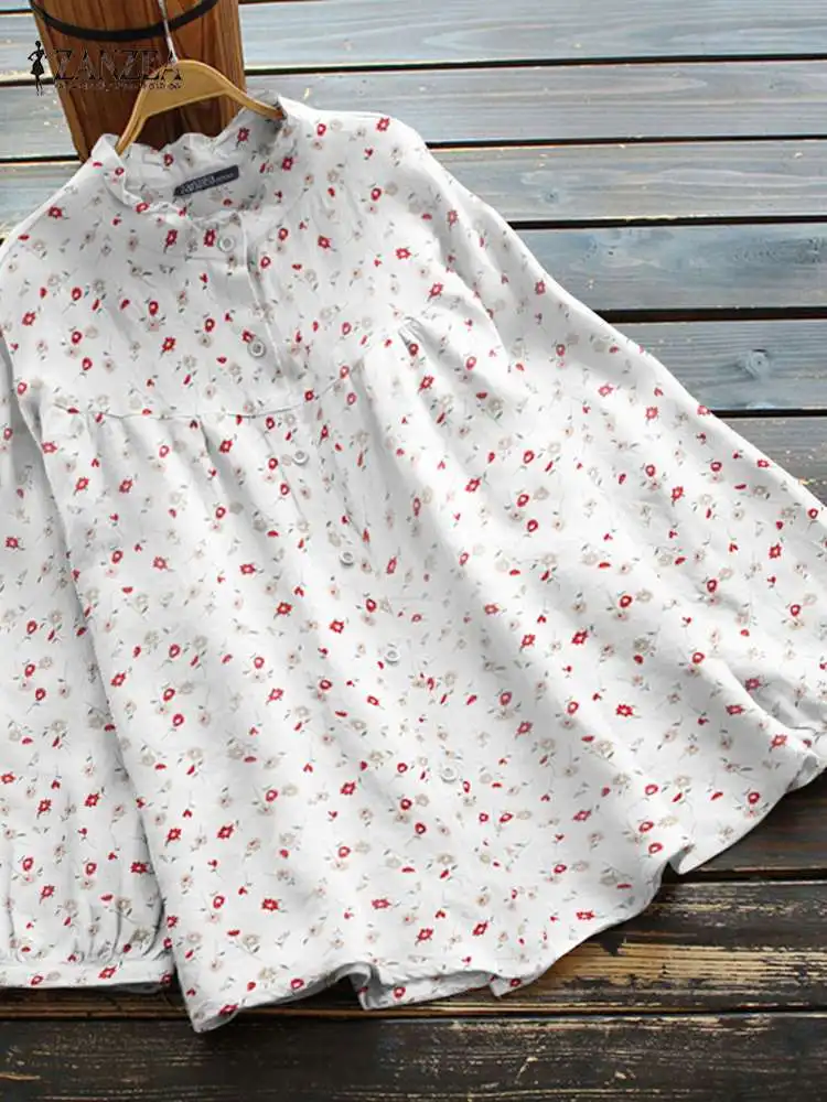 

Women Bohemian Blusas Casual Buttons Down Holiday Tops ZANZEA Vintage Floral Printed Long Sleeve Ruffles Shirt Spring Blouse
