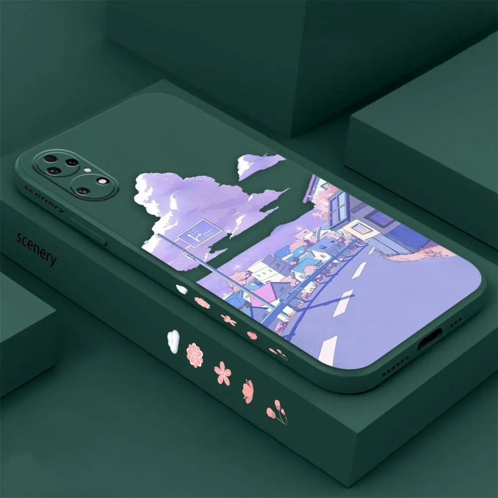 Japan Anime Scenery Landscape Phone Case For Huawei P60 P50 P40 P30 P20 Mate 50 40 30 20 20X 10 Colour Liquid Silicone Cover