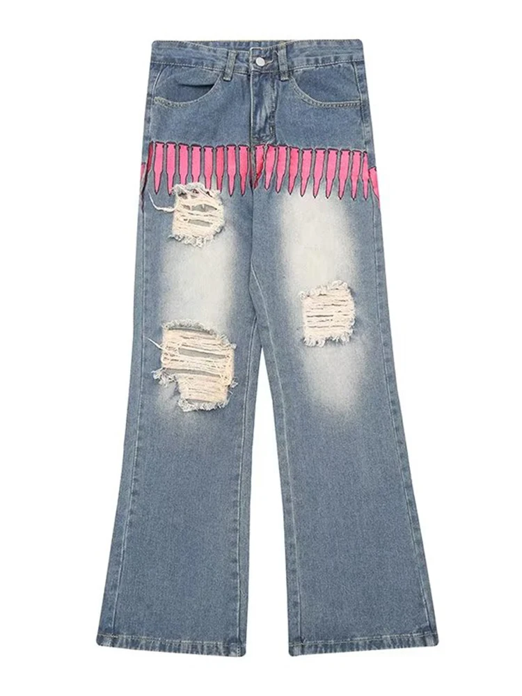 YIHANKE Leather Cross Embroidery Travis Scott Punk Men Baggy Jeans Pants Hip Hop Straight Hole Ripped Kpop Women Denim Trousers