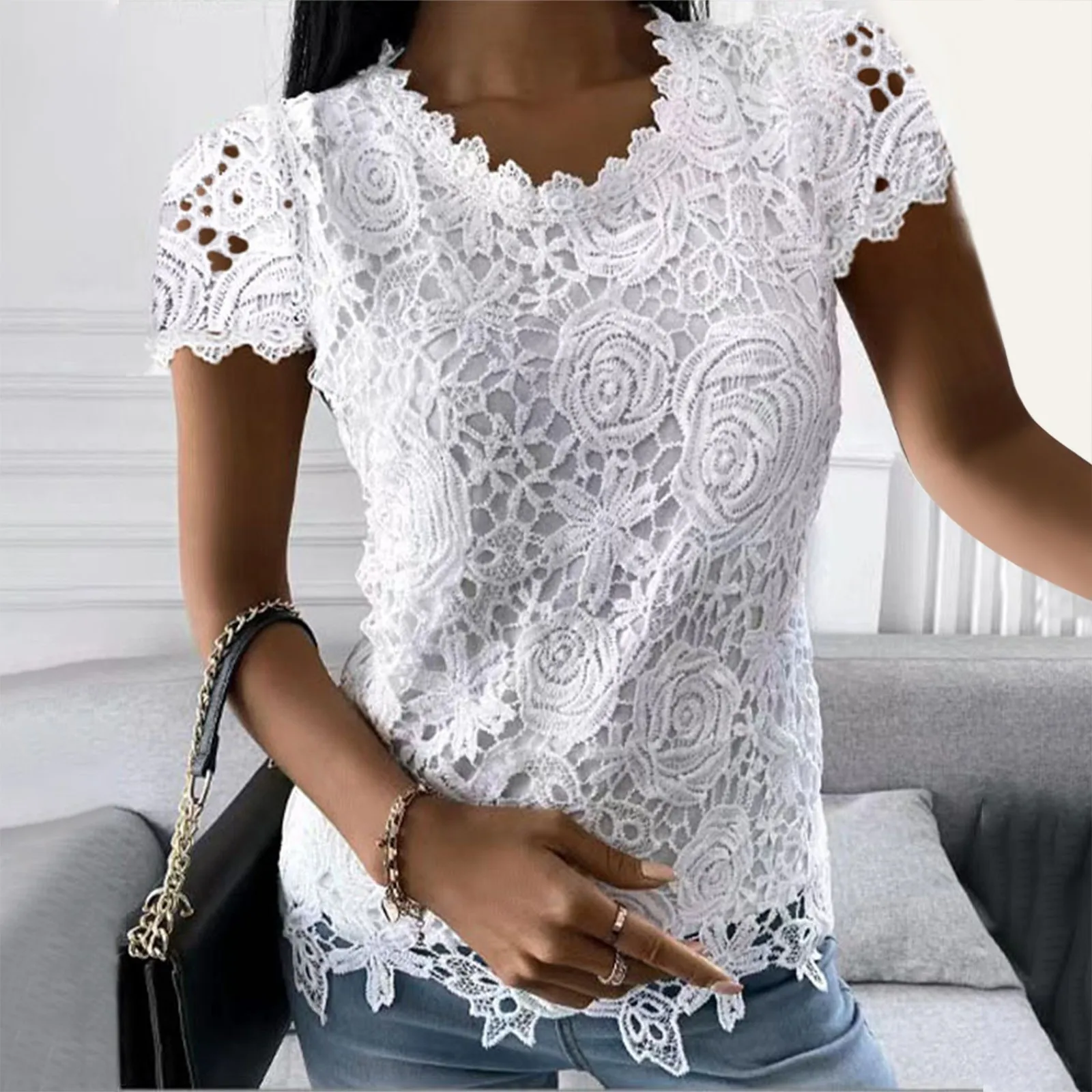 

Women's Lace Top Crochet Crew Neck Short Sleeve Fashion Summer Loose Tee Casual T Shirt Woman T Shirt Short Sleeve