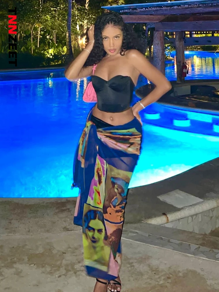 

TNNZEET Mesh Aesthetic Print Skirts Women Stunning Sexy Irregular Shape Unique Style Side Lace Clothing Clubwear Female Outfit
