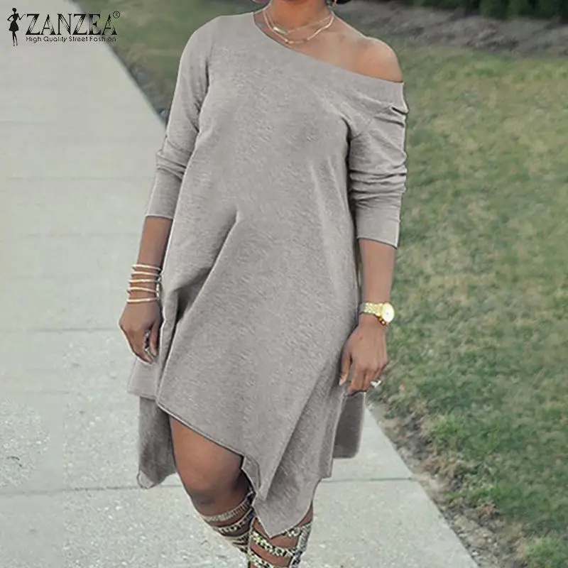 

ZANZEA Women Asymmetrical Dresses Vestidos Casual Solid Long Sleeve Knitted Knee Length Dress 2022 Spring A-line Oversized Robe