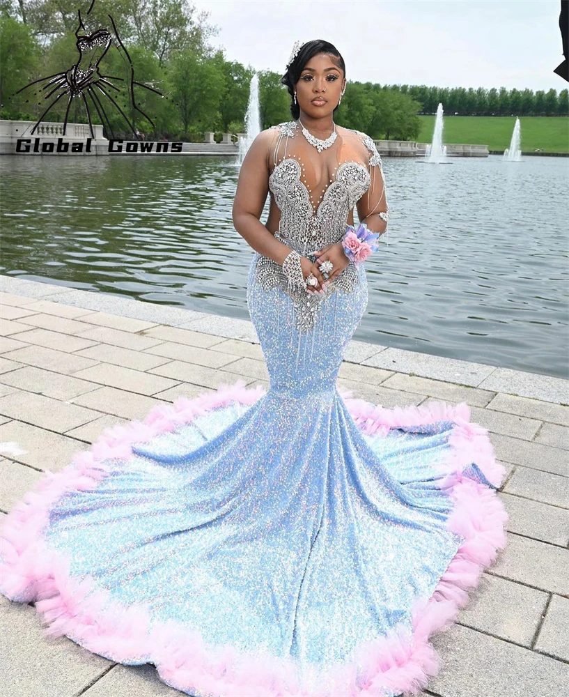 

Sky Blue Sheer O Neck Long Prom Gowns For Black Girls 2023 Beaded Crystal Tassel Birthday Party Dresses Evening Gown Ruffles