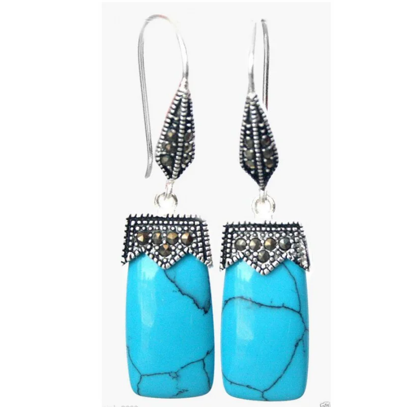 

Fine jewelry Natural Turquoise 925 silver & macasite earrings 2inch;;